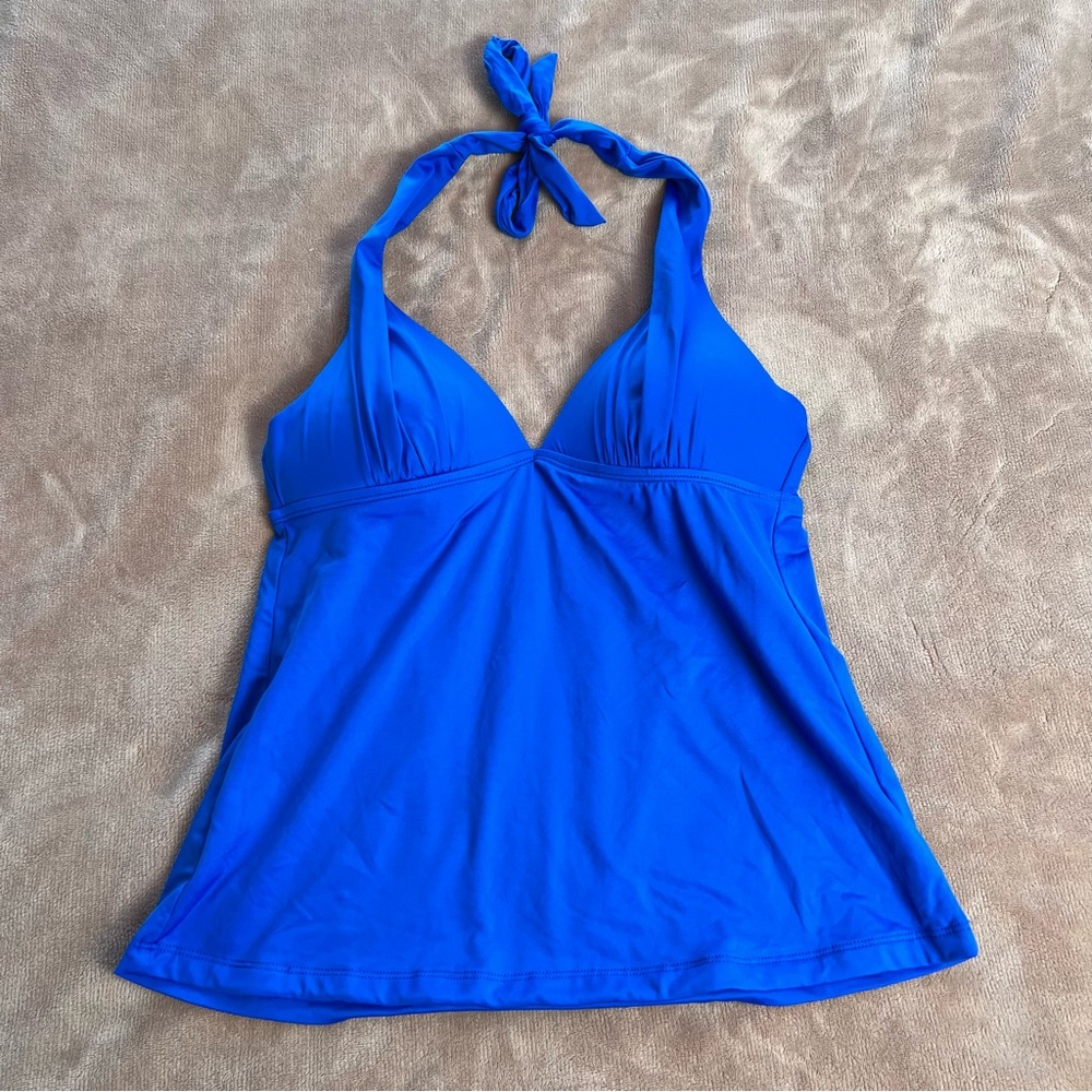 SWIMWEAR Royal Blue Flowy Halter Tankini Top with Sultry V-Neck - Size Small